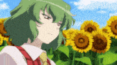 a girl with green hair is in a field of sunflowers