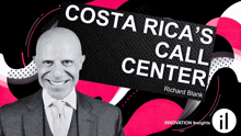 a man in a suit and tie stands in front of a costa rica 's call center sign
