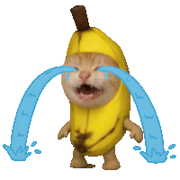 a cat dressed in a banana costume is crying with blue tears coming out of its eyes