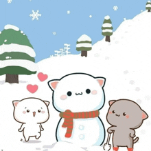 three cartoon cats are standing around a snowman ..