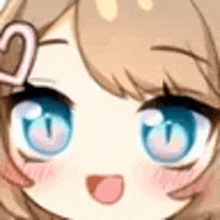 a close up of a girl 's face with blue eyes and a heart on her hair .