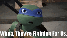 a teenage mutant ninja turtle with the words whoa they 're fighting for us