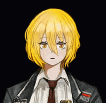 a drawing of a girl with yellow hair and a badge on her jacket that says no3