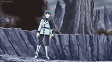 a cartoon character is standing on a rocky cliff .