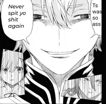 a black and white drawing of a man with the words " never spit yo shit again " above him