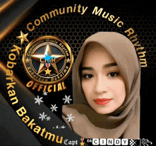 a picture of a woman with the words community music rhythm