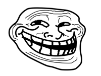 a black and white drawing of a troll face with a large smile