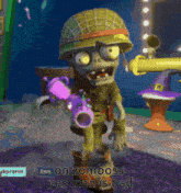 a zombie in a military uniform is holding a gun and says on zomboss yes man is bad ..
