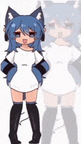 a drawing of a girl with blue hair and a white shirt
