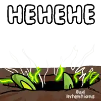 a cartoon of a green bunny laying in the dirt with the words ' hehe ' written above it