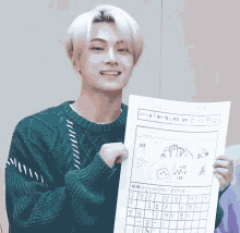 a young man in a green sweater is holding up a piece of paper with a drawing on it