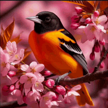 a black and orange bird perched on a branch with pink flowers