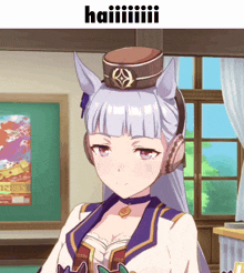 a picture of a girl with a hat that says haii
