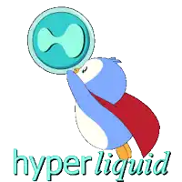 a penguin with a cape is holding a magnifying glass with the words hyper liquid below it