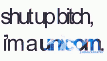 a sign that says shut up bitch i 'm unicorn