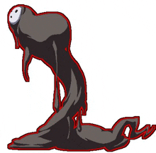 a cartoon drawing of a black monster with a white eye and a long tail .