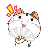 a cartoon cat is holding a fan with a surprised look on its face