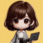 a cute cartoon girl is holding a laptop computer .