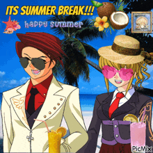a picture of a man and a woman on the beach with the words its summer break happy summer