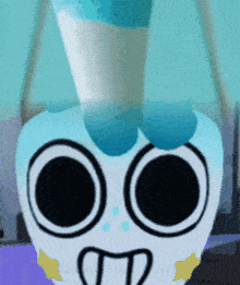 a close up of a cartoon character 's face with a tongue sticking out .