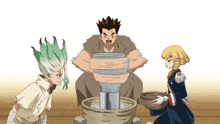 a group of cartoon characters including a man and two girls