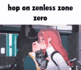 two anime girls kissing with the words hop on zenless zone zero