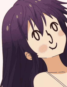 a close up of a cartoon girl with purple hair making a face .