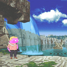 a pixel art of a man standing in front of a waterfall with a statue in the background