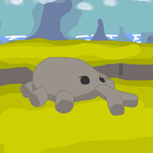 a cartoon drawing of an elephant in a field with mountains in the background