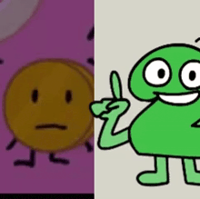 a cartoon character with a smiley face and a green character with a thumbs up .