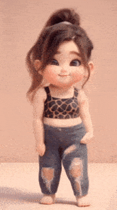 a little girl with a ponytail is wearing ripped jeans and a crop top