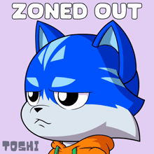 a cartoon drawing of a blue cat with the words zoned out behind it