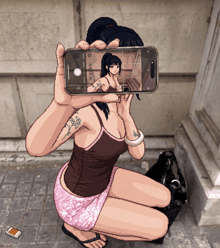 a pixel art of a woman taking a picture of herself with her phone