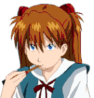 a pixel art drawing of a girl with red hair eating with chopsticks