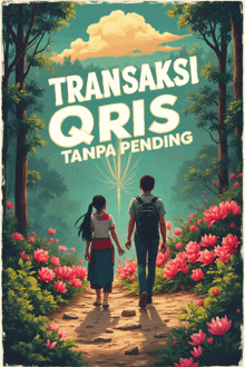 a poster for transaksi qris tanpa pending showing a boy and a girl walking through a forest