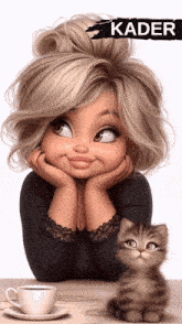 a picture of a girl with a kitten and a cup of coffee with the word kader above her