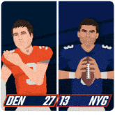 a cartoon drawing of two football players one from den and one from nyg