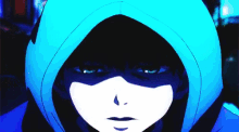 a close up of a person wearing a blue hooded jacket