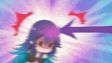 a blurry picture of a girl with a purple hair and red eyes