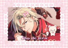 a picture of sho de teru with a strawberry in his hand