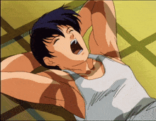 a man in a white tank top is yawning with his mouth wide open