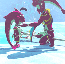 a video game character is kneeling down next to a dolphin and a sword