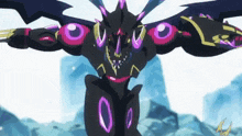 a black robot with purple and yellow wings is standing in front of a blue sky .