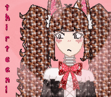a pixel art drawing of a girl with a red bow on her dress
