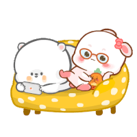 a couple of cartoon animals laying on a couch