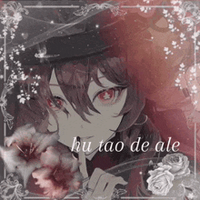 a black and white drawing of a girl with red eyes and a hat surrounded by flowers and roses .