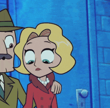 a man and a woman are standing next to each other in a cartoon