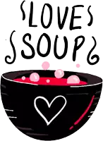 a drawing of a bowl of soup with the words loves soup above it