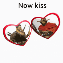 a picture of two men in hearts with the words now kiss