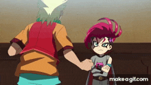 a boy and a girl are holding hands in a cartoon scene .